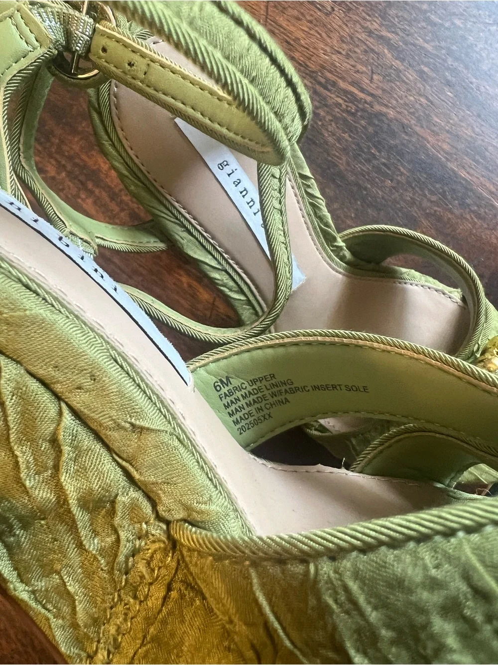 Gianni Bini Olive Platform Sandals with Decorative Shell and Jewel Accents
